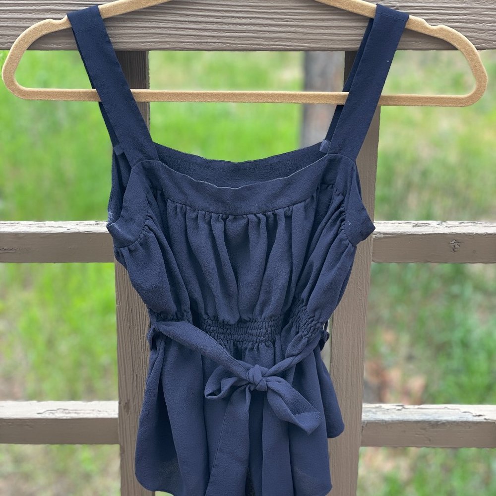Vintage Rayon Peplum Empire Navy Cropped Tank with Tie Waist